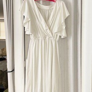 Vintage 90s Dress - Drapey, Stretchy White Short Sleeve Dress - Ladies XL Dress